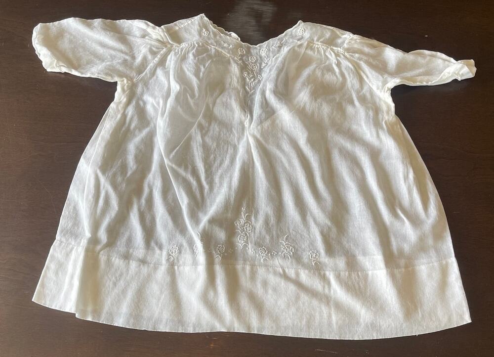 Christening Baby Gown Hand Embroidered Whitework Bullion Rose 1900s Antique